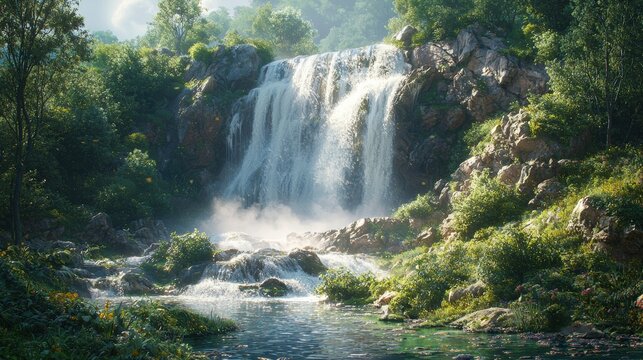 Majestic Waterfall Cascading Down Rocky Cliff