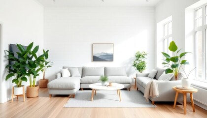 Scandinavian living room with a bright, airy feel, featuring white shiplap walls, a soft gray sectional sofa, and light oak floors. The space is styled with large houseplants and minimal decor.