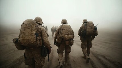 Group of soldiers in camouflage uniforms and backpacks marching in desert environment under hazy sky