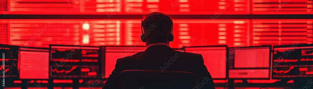Poster a professional monitoring stock trends on multiple screens in a striking red environment, symbolizin