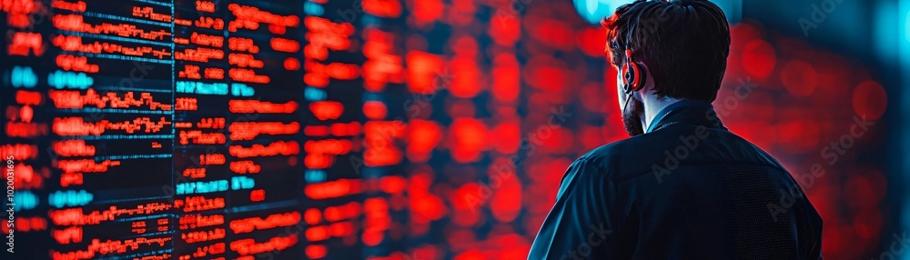 Poster a professional reviewing complex data on a digital screen with red and blue lighting, representing m