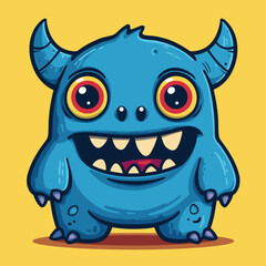 Fototapeta premium A cartoon monster with big eyes and a big smile. The monster is blue and yellow. The monster is happy and smiling