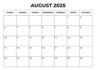 August 2025 Monthly Calendar design with Notes and week starts from sunday
