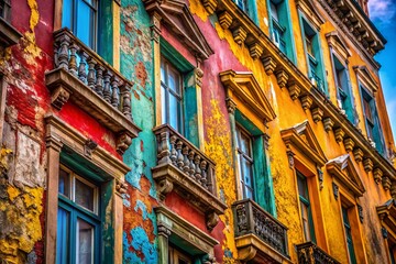 Obraz premium Textured Facade of Urban Architecture with Weathered Surfaces and Intricate Building Details