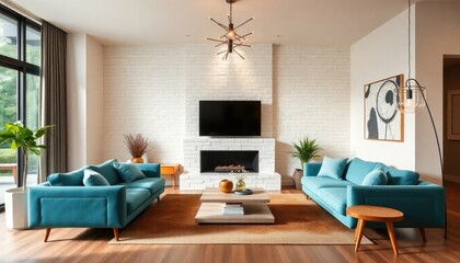 Contemporary Mid-Century living room, featuring a curved sofa in teal, a textured feature wall in cream, and artistic lighting fixtures that add character to the space.