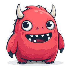 Fototapeta premium A cartoonish red monster with big horns and a big smile. The monster is standing on a white background