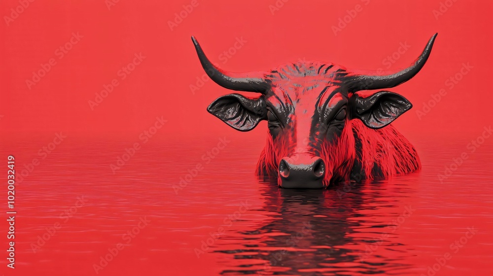 Poster a striking image of a bull in red waters, creating a surreal and captivating visual effect, perfect 