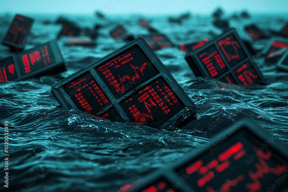Poster a striking image of submerged computer monitors displaying data in red, symbolizing technology and d