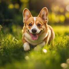 Happy Corgi in Grass.