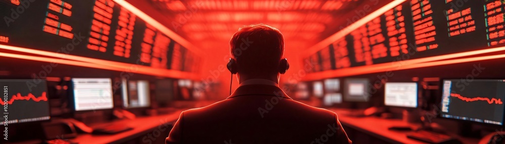Poster a trader analyzes stock data illuminated in red, surrounded by screens displaying market trends and 