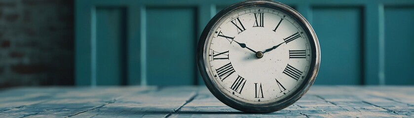 A vintage clock showcasing elegant roman numerals against a rustic background, symbolizing the passage of time.