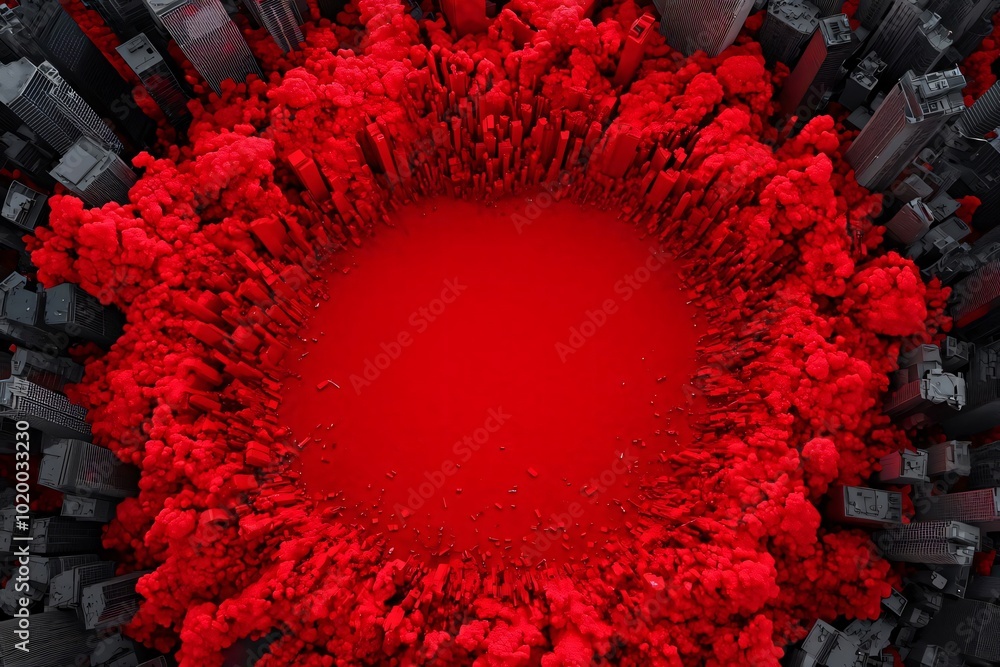 Poster aerial view of a vivid red explosion surrounded by dark structures, creating a striking visual contr