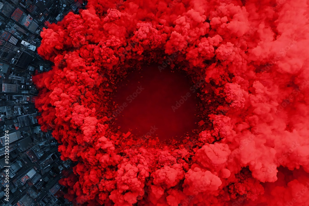 Poster aerial view of vibrant red smoke swirling in a circular pattern, creating a dramatic and captivating