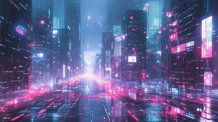 Fototapeta premium Neon-Lit Cyberpunk Cityscape with Digital Rain