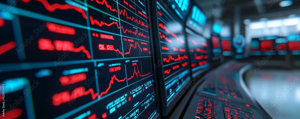 Poster close-up of modern stock market screens displaying fluctuating graphs and data in red tones, symboli