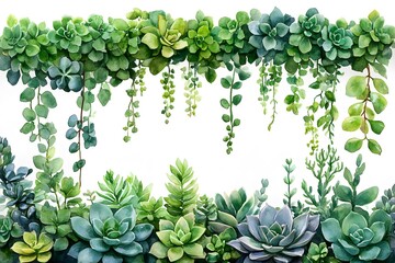 Fototapeta premium Watercolor Succulents Border Green Plants Floral Arrangement Design