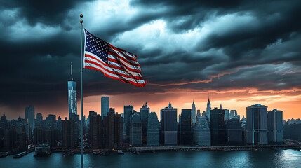 Naklejka premium The American flag is flying high above the city skyline, with dark storm clouds gathering in the sky behind it