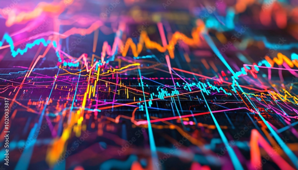 Poster colorful digital lines with abstract patterns depicting financial data trends and graphs, perfect fo