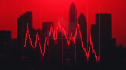 Dramatic city skyline with a red overlay and fluctuating graph, symbolizing market trends and economic shifts.