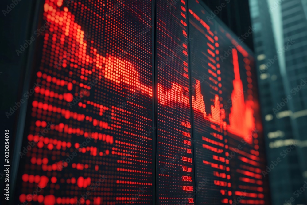 Poster dynamic stock market data displayed on a large screen with vibrant red indicators, symbolizing marke