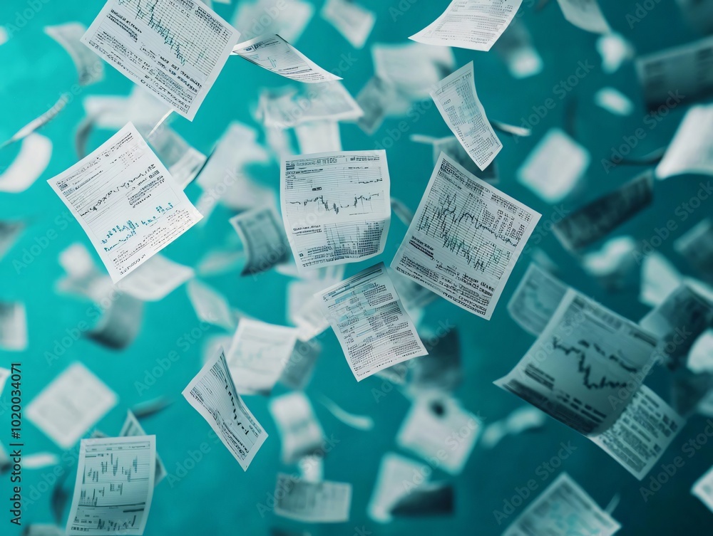 Aufkleber dynamic exploration of financial data with papers floating in the air, symbolizing market trends and