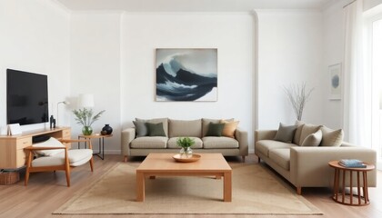 Scandinavian living room with rare custom-built furniture, featuring smooth white walls, a light wood coffee table, and a large, plush sofa. The decor is kept minimal for a clean aesthetic.