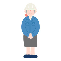 正面を向いて立つヘルメットをかぶった作業服・スカートの女性のフラットなイラスト
