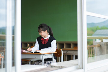 学校で勉強する日本人の女子中学生