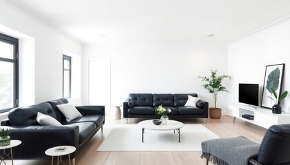 Scandinavian living room with a clean, monochrome color palette, featuring smooth white walls, a black leather sofa, and light wood flooring. The space is styled with minimalist decor