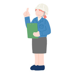 クリップボードを持ち上を指さすヘルメットをかぶった作業服・スカートの女性のフラットなイラスト
