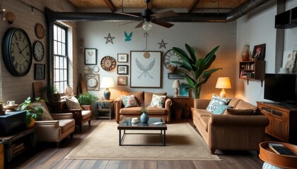 Eclectic industrial living room with rare finds, featuring unique thrifted decor pieces, mismatched furniture, and a large plant that adds a pop of green.