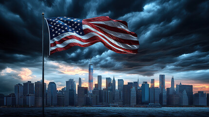 Naklejka premium The American flag is flying high above the city skyline, with dark storm clouds gathering in the sky behind it