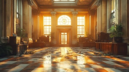 Obraz premium A sunlit, abandoned lobby with reflective floors and greenery.