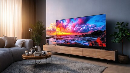 Modern living room with a large TV displaying a colorful sunset.