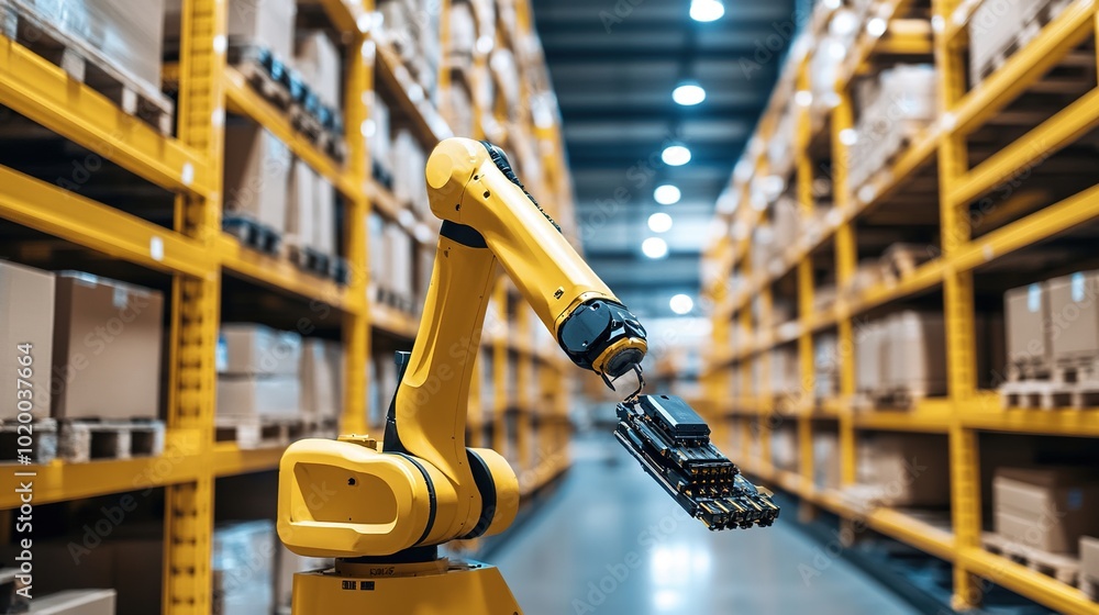 Poster robotic arm in warehouse setting for automation tasks