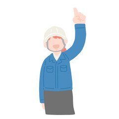 指をさしながら上を見るヘルメットをかぶった作業服・スカートの女性のフラットなイラスト
