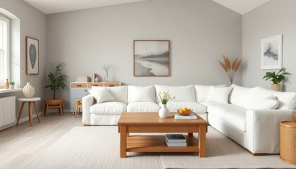Scandinavian-inspired living room with rare vintage pieces, featuring soft gray walls, a light oak coffee table, and a plush white sectional sofa. The room is styled with minimalist decor