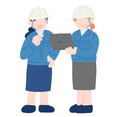 ノートパソコンを見ながら話すヘルメットをかぶった作業服・スカートの女性2人のフラットなイラスト
