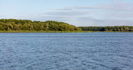 Green trees on the horizon on the lake shore