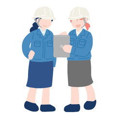 タブレットを見ながら話すヘルメットをかぶった作業服・スカートの女性2人のフラットなイラスト
