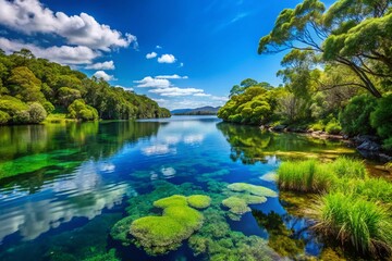 Tranquil Bullfrog Bay Landscape with Lush Greenery and Calm Waters Under a Clear Blue Sky