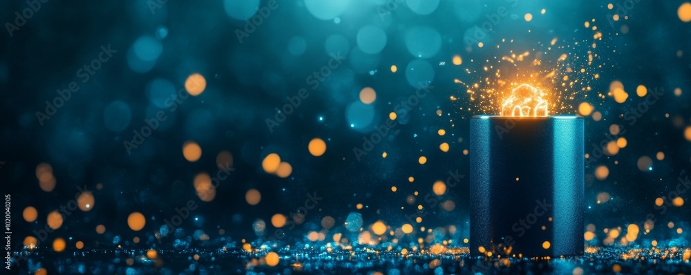Poster illuminated object with glowing particles on a soft blue background.