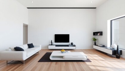 Minimalist living room with unique floating furniture, featuring clean white walls, light oak floors, and a floating media unit for a futuristic vibe.