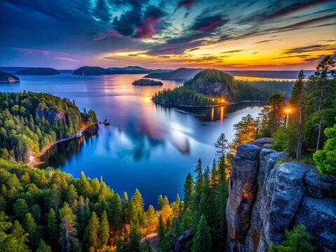 Tranquil Lake Nipigon in Canada Surrounded by Lush Greenery and Majestic Rocky Landscapes