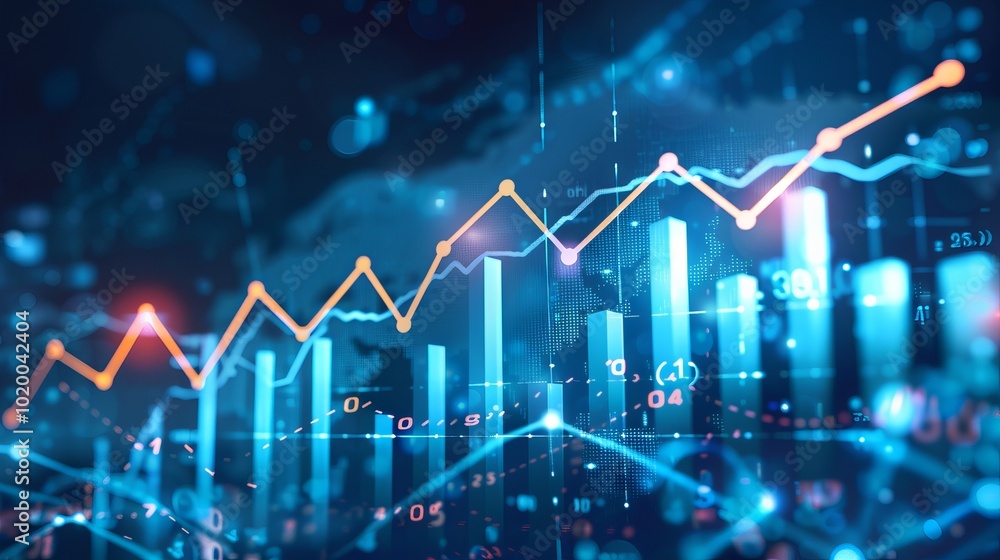 Poster blue growth chart representing financial success with rising data graph and upward arrow symbol on a