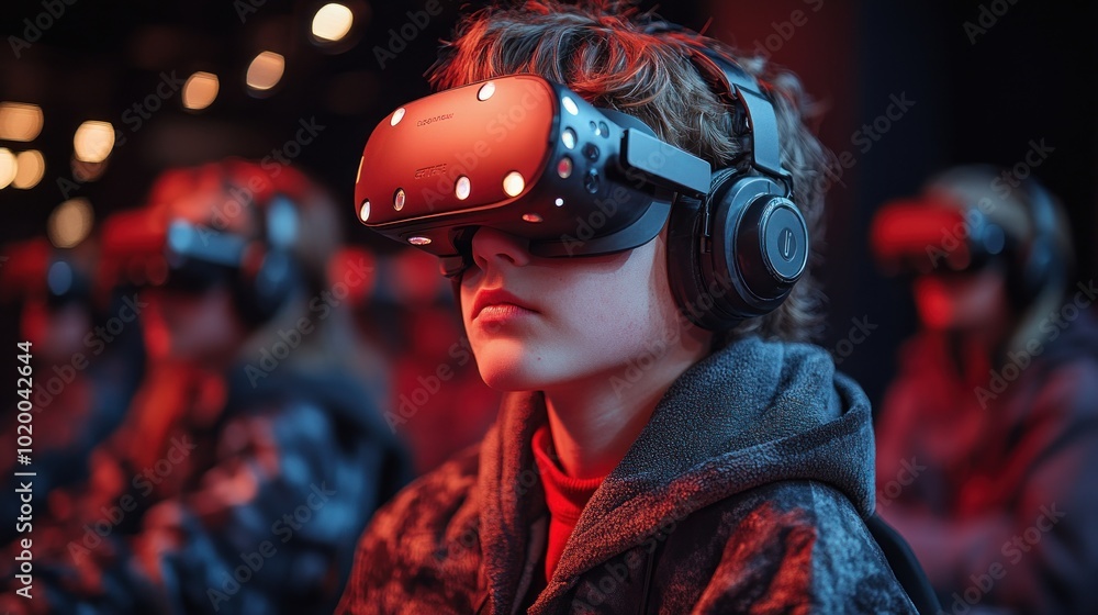 Poster a child immersed in virtual reality with a focused expression.