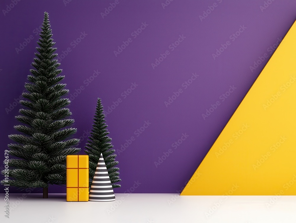 Wall mural Christmas Tree and Gift with Purple and Yellow Background.