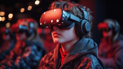 A child immersed in virtual reality with a focused expression.