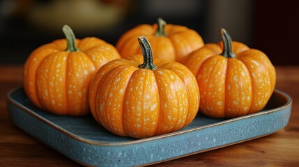 Four decorative pumpkins on a blue tray, perfect for autumn decor.