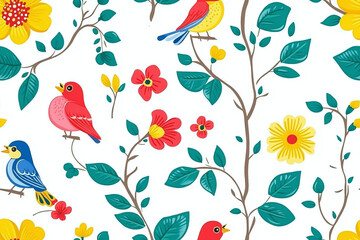 Fototapeta premium seamless pattern background of small flowers and birds pattern in red, blue, green, and yellow colors on a white background